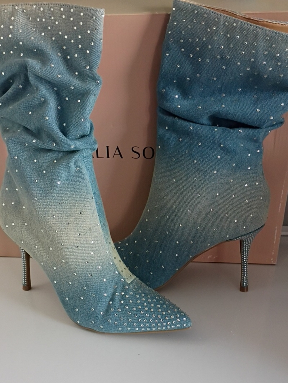 Thalia Sodi Blue Crystal-Embellished Denim Stiletto Boots